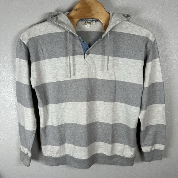 L.L. Bean Other - Vintage 90s LL Bean Gray Striped Cotton Rugby Henley Hoodie Sz Large Made In USA